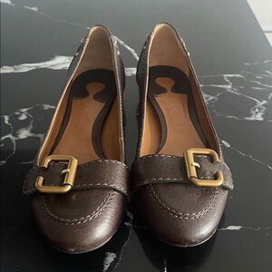 Chloe Dark Brown Leather Flats with Gold Buckle